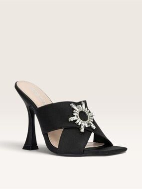 Olivia Miller Black Satin Mule Heels with Crystal Sunburst Accent